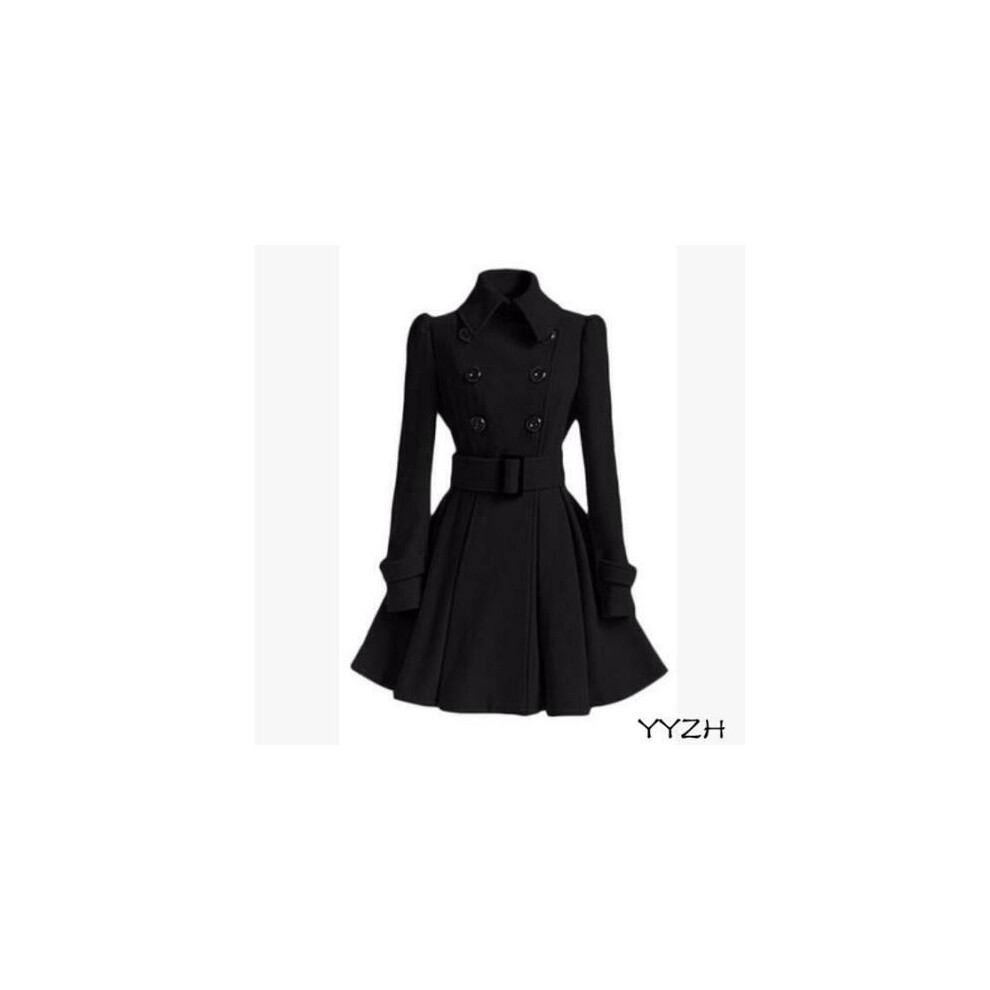 Veste longue femme double boutonnage coupe slim laine manteau ceinture trench coat neuf-Black-US L=Asian 2XL