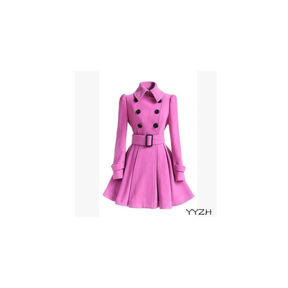 Veste longue femme double boutonnage coupe slim laine manteau ceinture trench coat neuf-Pink-US S=Asian L