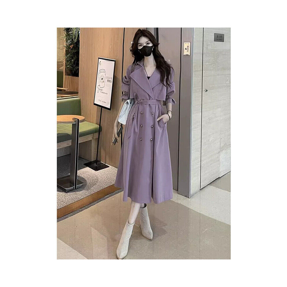 Blazer style britannique revers trench manteaux femme double boutonnage ceinturé parka taille-Purple-XL