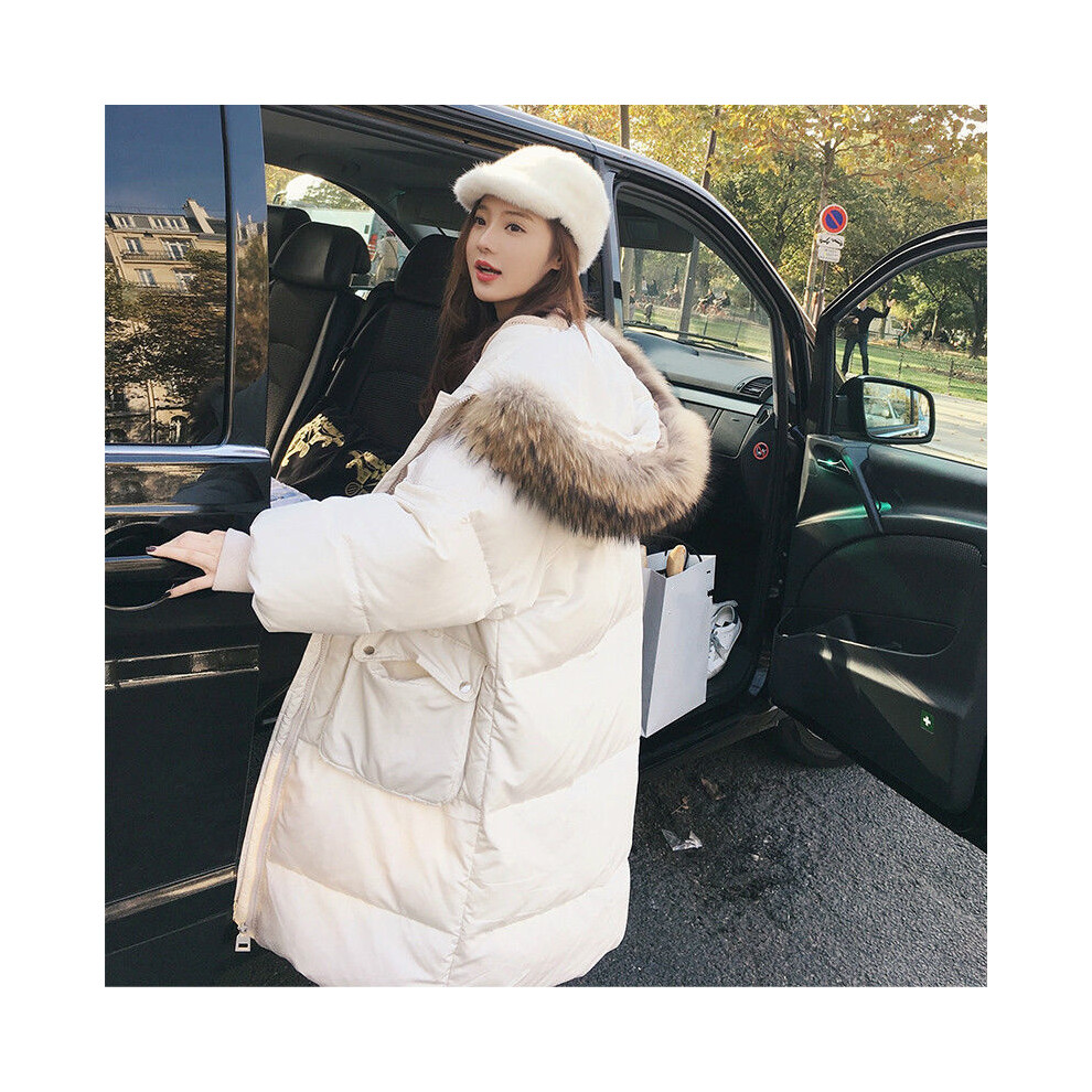 Femme Doudoune Manteau Long Veste Parka Capuche Hiver Pull Chaude Noir Blanc-Blanc-M