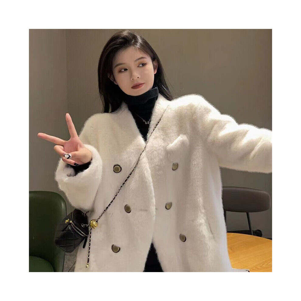 Veste femme col V fourrure de vison imitation fourrure de vison manteau court chaud outwear parka-Beige-US S=Asian L