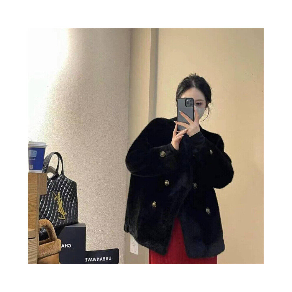 Veste femme col V fourrure de vison imitation fourrure de vison manteau court chaud outwear parka-Black-US XS=Asian M