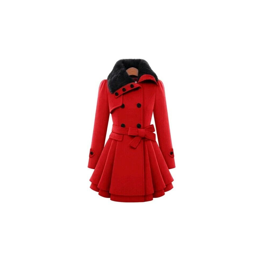 Manteau Femme Évasé à Col Fausse Fourrure avec Ceinture - Chic et Élégant-S-Rouge