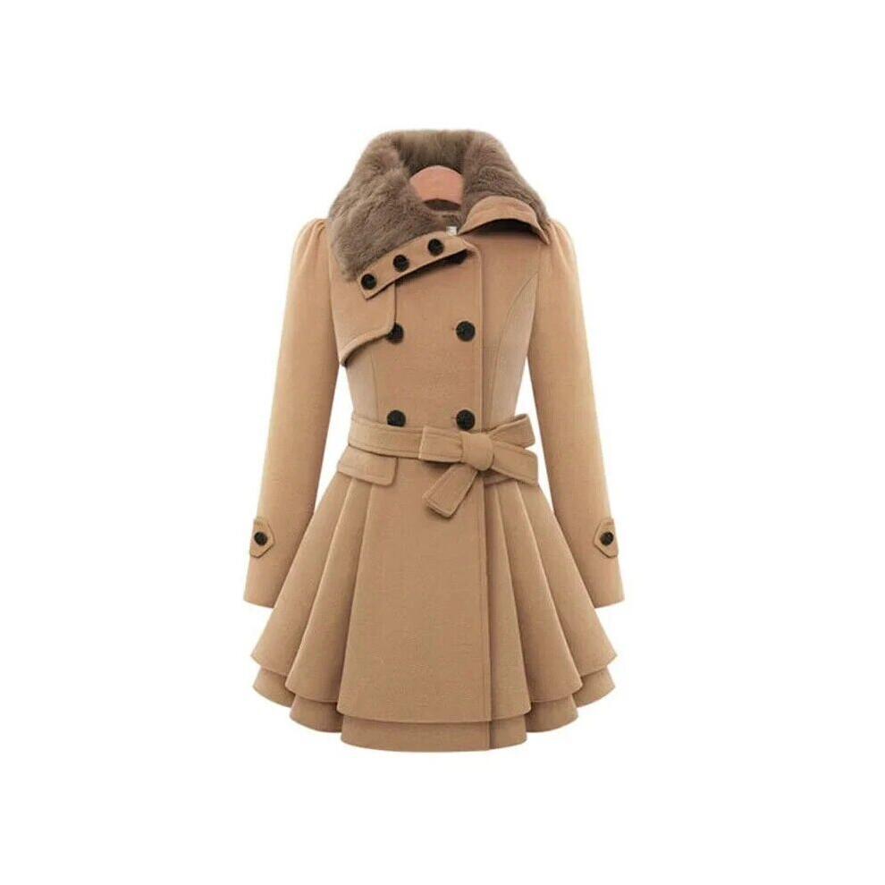 Manteau Femme Évasé à Col Fausse Fourrure avec Ceinture - Chic et Élégant-M-Caramel