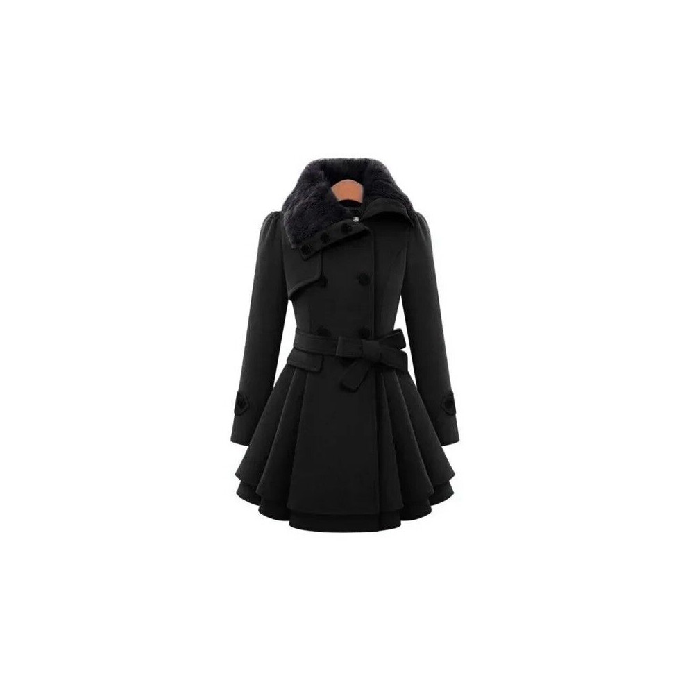 Manteau Femme Évasé à Col Fausse Fourrure avec Ceinture - Chic et Élégant-S-Noir