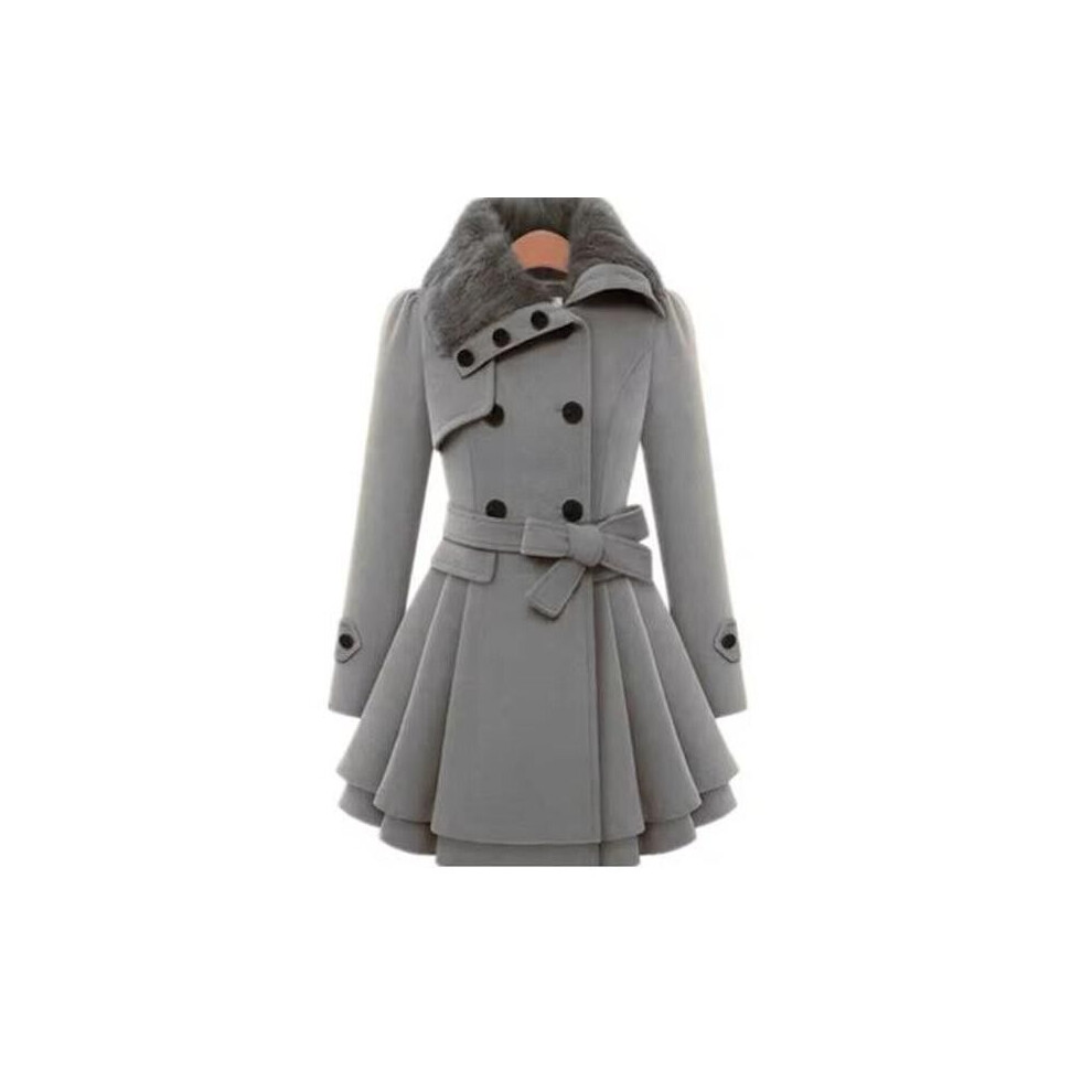 Manteau Femme Évasé à Col Fausse Fourrure avec Ceinture - Chic et Élégant-S-Gris