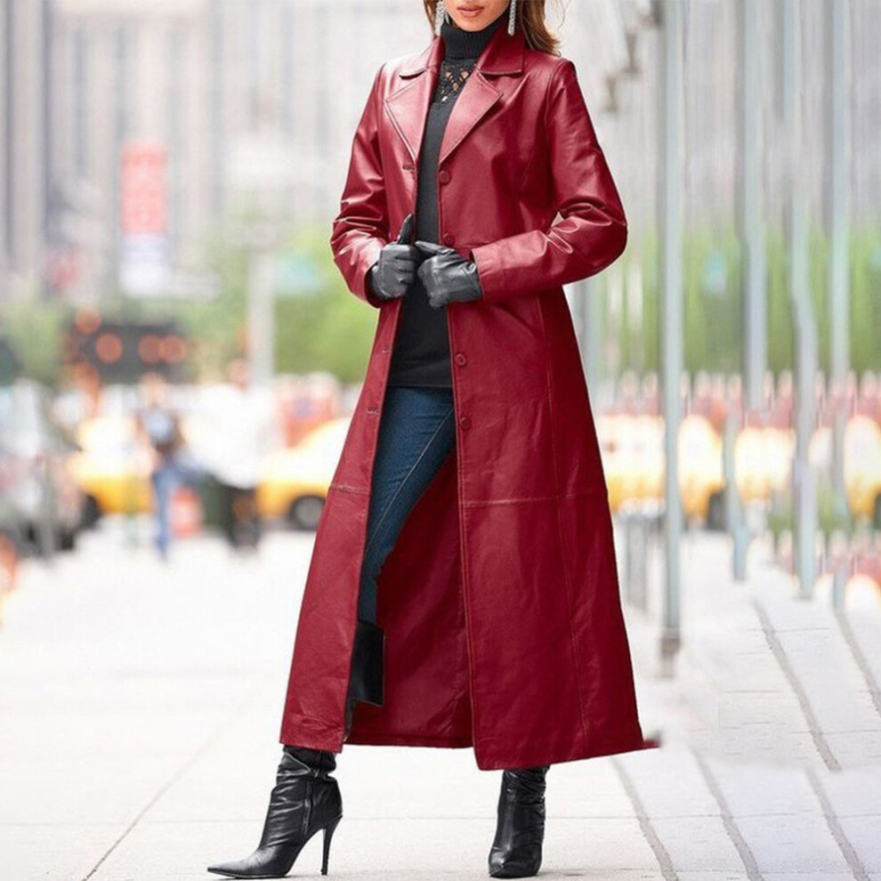 Veste parka longue boutonnée femme cuir trench manteau coupe vent vin rouge-Wine red-XL
