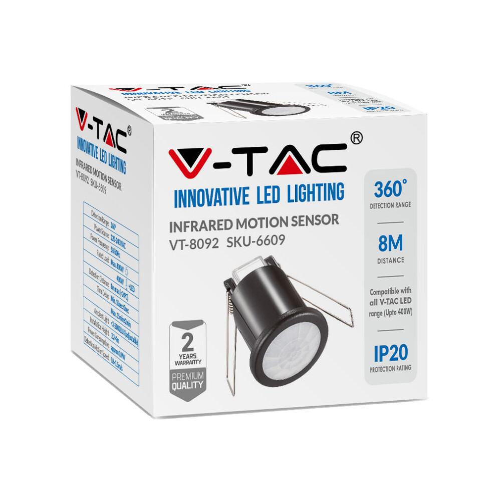 VT-8092 PIR CEILING SENSOR-BLACK BODY, 360 DEGREES, RECESSED / FLUSH, IP20, 40mm cut out