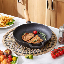 (27cm Dia) Cast Iron Skillet with Removable Wooden Handle