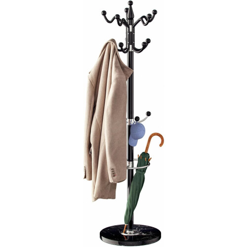 Coat Rack with Black Marble Base Umbrella Rack Hallway 14 Hooks 175cm