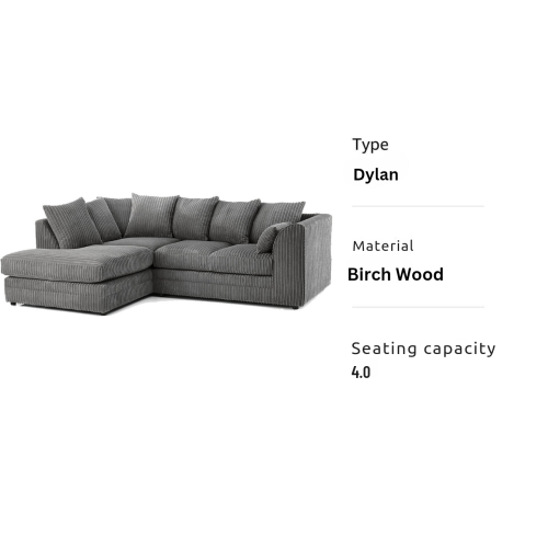 (Left Hand Corner , Grey ) Jumbo Cord Scatter Back Sofas in Premium Fabric 2