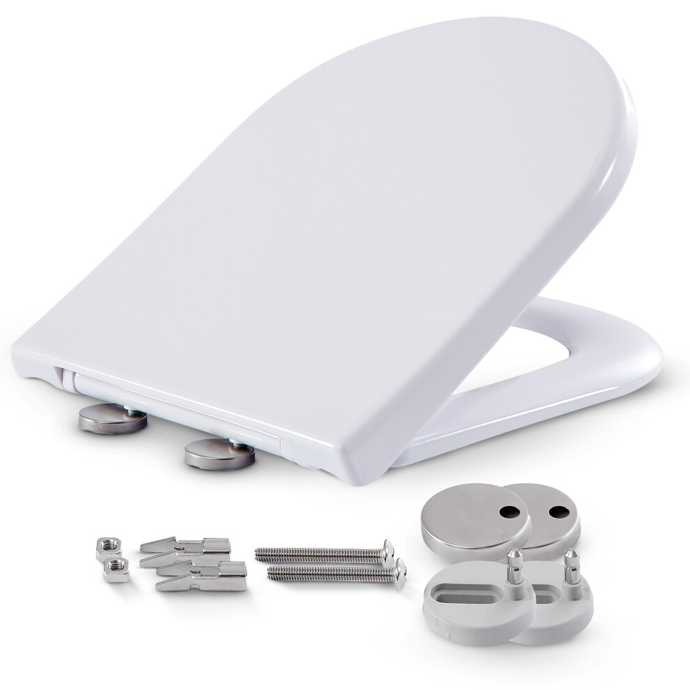 AREBOS toilet seat with soft-close mechanism | Duroplast toilet lid D-shape universal | (max. load 150 kg) | toilet seat with toilet lid