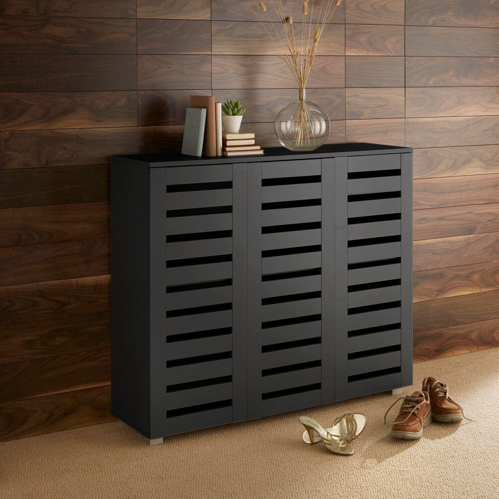 (Black) Home Source Oslo 3 Door Slatted Shoe Cabinet Storage Unit