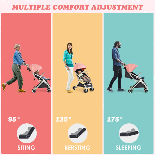 Casart Folding Baby Stroller Pushchair With Convertible Canopy Pink 1
