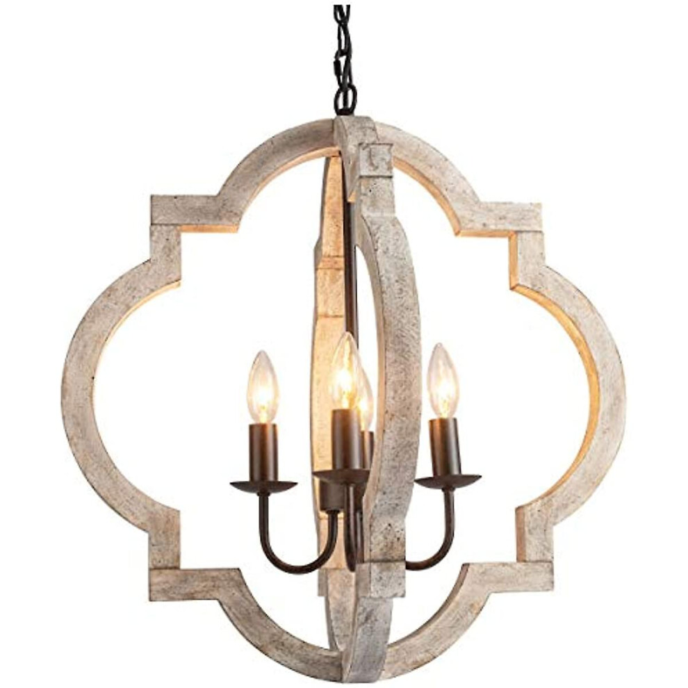 Farmhouse Wood Chandelier Geometric Lantern Pendant 4- For Indoor Kitchen Island Dining Living Room Foyer Light