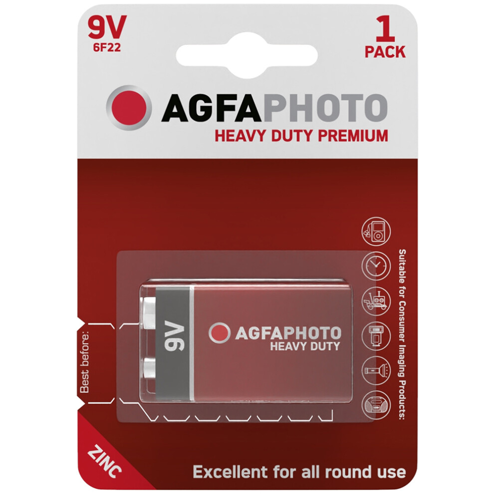 Agfa Photo Heavy Duty Premium 9V 9 Volt Block Battery Cell 6F22
