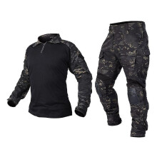 (CP black, L) Men Military Tactical  Uniform Shirt Combat Pants Suit  With Knee Pads Army Clothing  Airsoft Paintball Camouflage Work Clothes