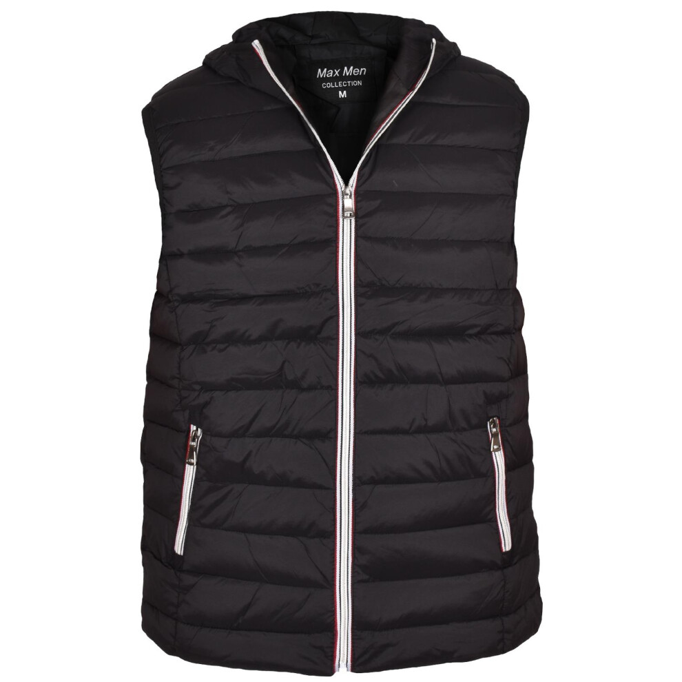 (Black, M) Mens Padded Gilet BodyWarmer Vest Hooded Waistcoat