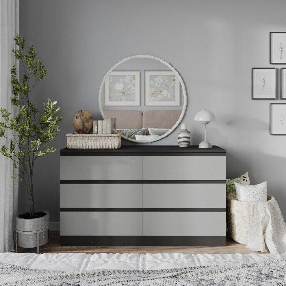 (Black Carcass + Grey Drawers) 120cm Modern Wooden Chest of 6 Drawers Bedroom Furniture Storage Bedside Table Cabinet