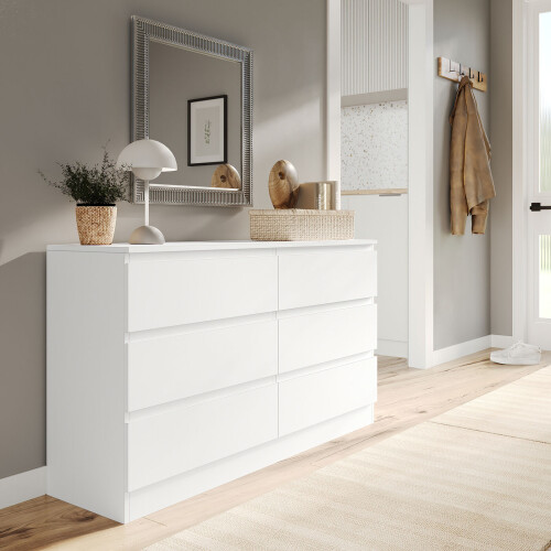 (White Carcass + White Drawers) 120cm Modern Wooden Chest of 6 Drawers Bedroom Furniture Storage Bedside Table Cabinet