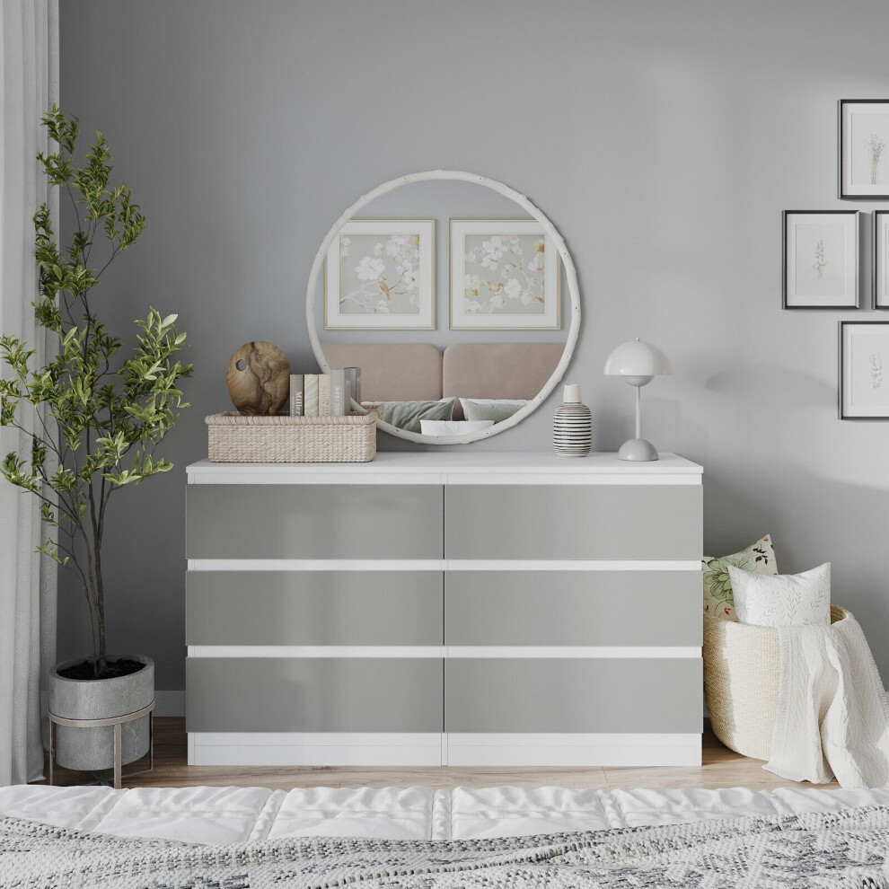 (White Carcass + Grey Drawers) 120cm Modern Wooden Chest Of 6 Drawers Bedroom Furniture Storage Bedside Table Cabinet