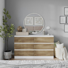 (White Carcass + Oak Drawers) 120cm Modern Wooden Chest of 6 Drawers Bedroom Furniture Storage Bedside Table Cabinet
