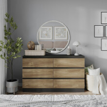 (Black Carcass + Oak Drawers) 120cm Modern Wooden Chest of 6 Drawers Bedroom Furniture Storage Bedside Table Cabinet