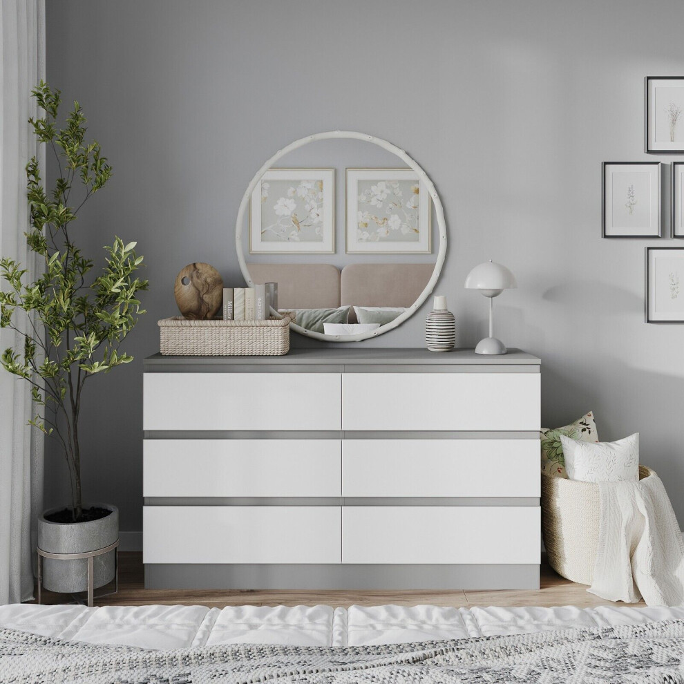 (Grey Carcass + White Drawers) 120cm Modern Wooden Chest Of 6 Drawers Bedroom Furniture Storage Bedside Table Cabinet