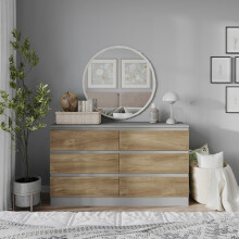 (Grey Carcass + Oak Drawers) 120cm Modern Wooden Chest of 6 Drawers Bedroom Furniture Storage Bedside Table Cabinet