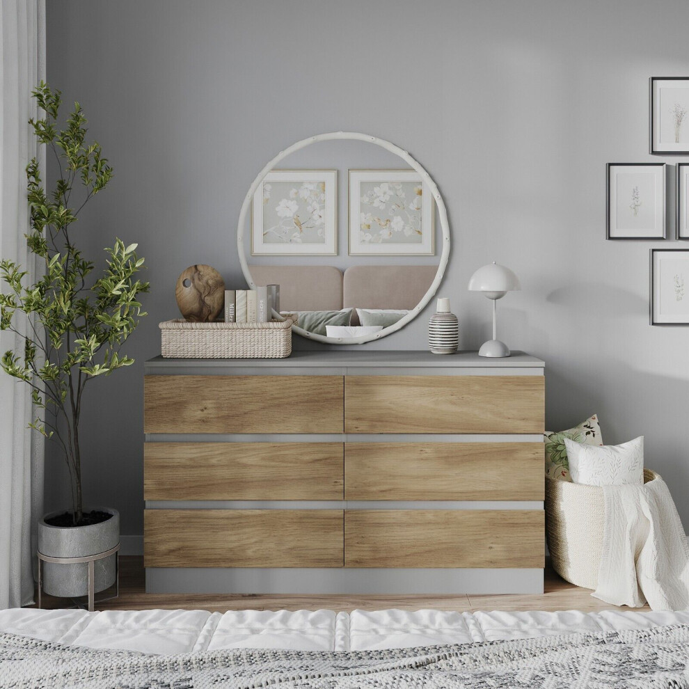 (Grey Carcass + Oak Drawers) 120cm Modern Wooden Chest Of 6 Drawers Bedroom Furniture Storage Bedside Table Cabinet