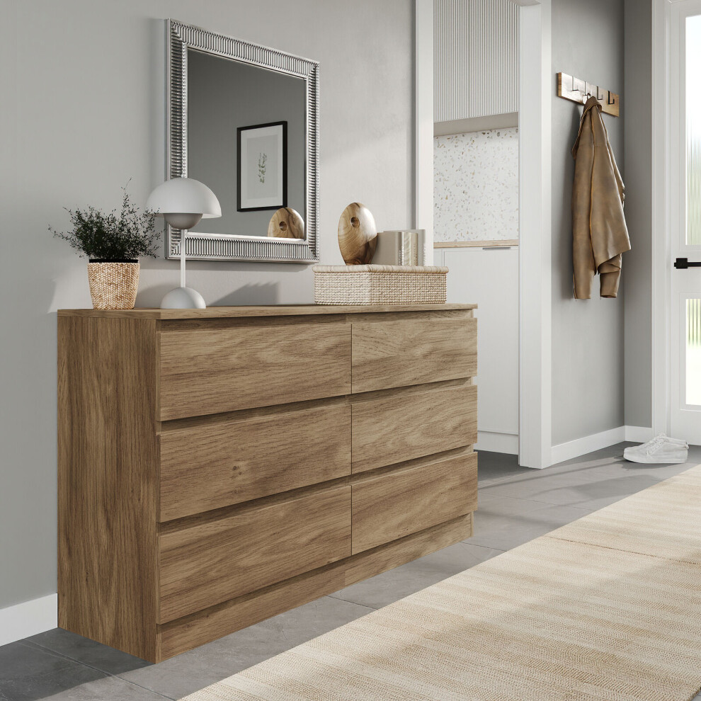 Urbn Living (Oak Carcass + Oak Drawers) 120Cm Modern Wooden Chest Of 6 Drawers Bedroom Furniture Storage Bedside Table Cabinet Brown