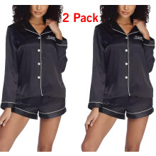 (Black - 2 Pack, L) 2 Pack Womens Satin Pyjamas Silk Nightwear PJs Set