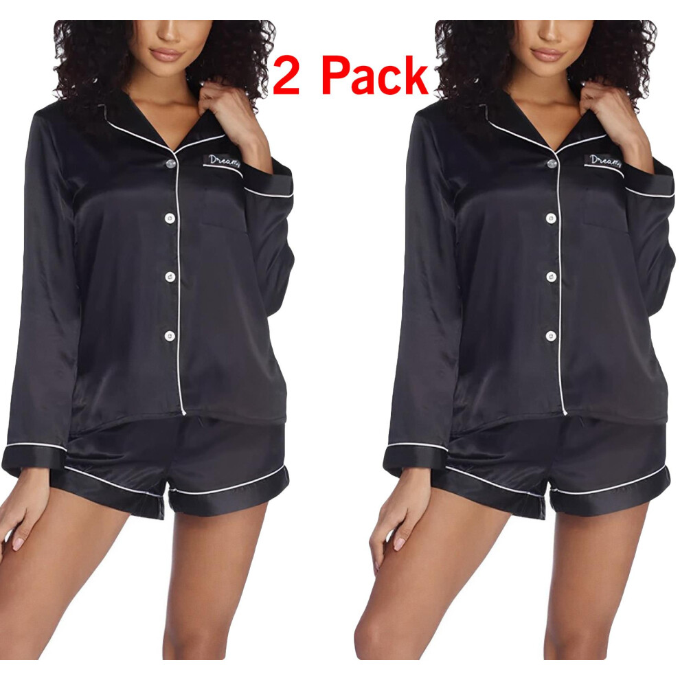 (Black - 2 Pack, XL) 2 Pack Womens Satin Pyjamas Silk Nightwear PJs Set