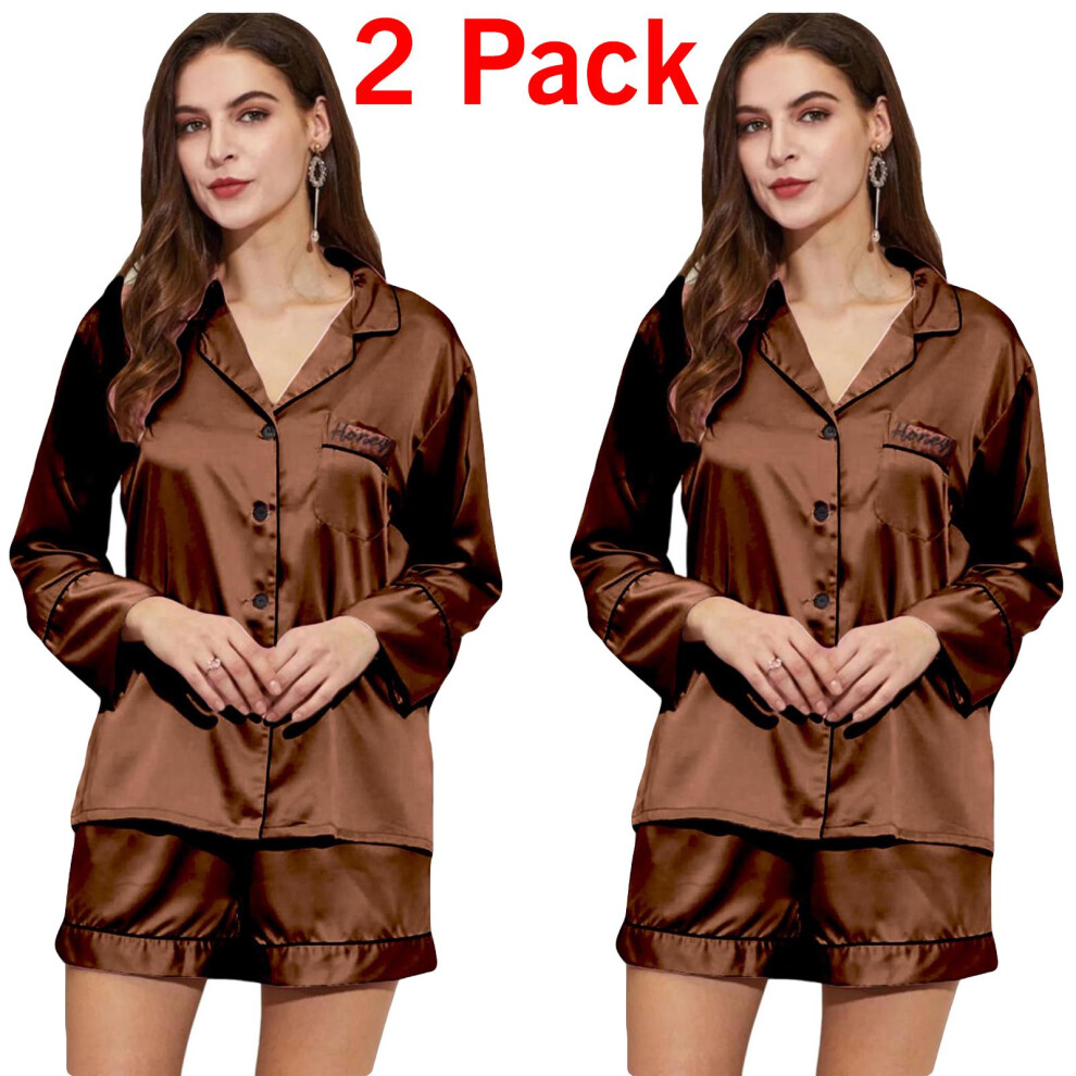 (Brown - 2 Pack, M) 2 Pack Womens Satin Pyjamas Silk Nightwear PJs Set