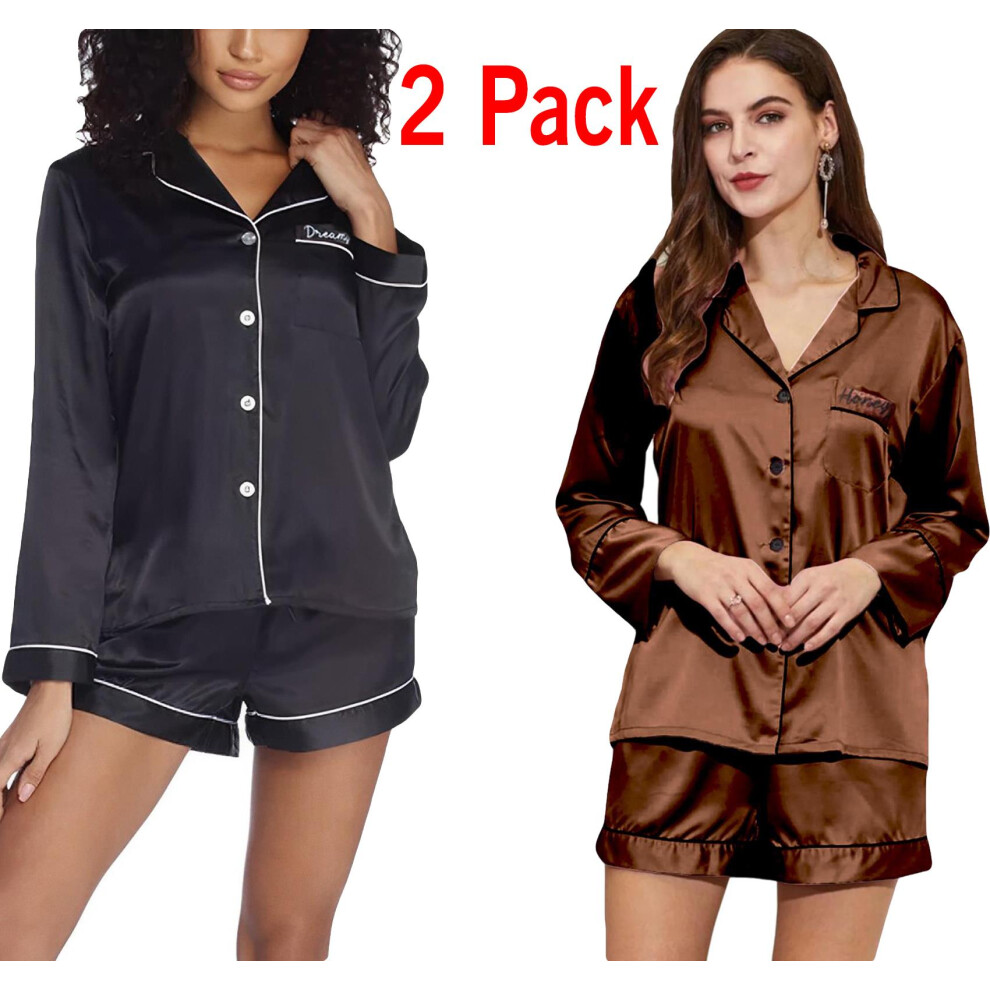 (Black Brown - 2 Pack, M) 2 Pack Womens Satin Pyjamas Silk Nightwear PJs Set