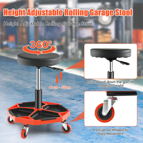 Costway 150 KG Capacity Pneumatic Rolling Mechanic Stool w/Tool Tray-Red 2