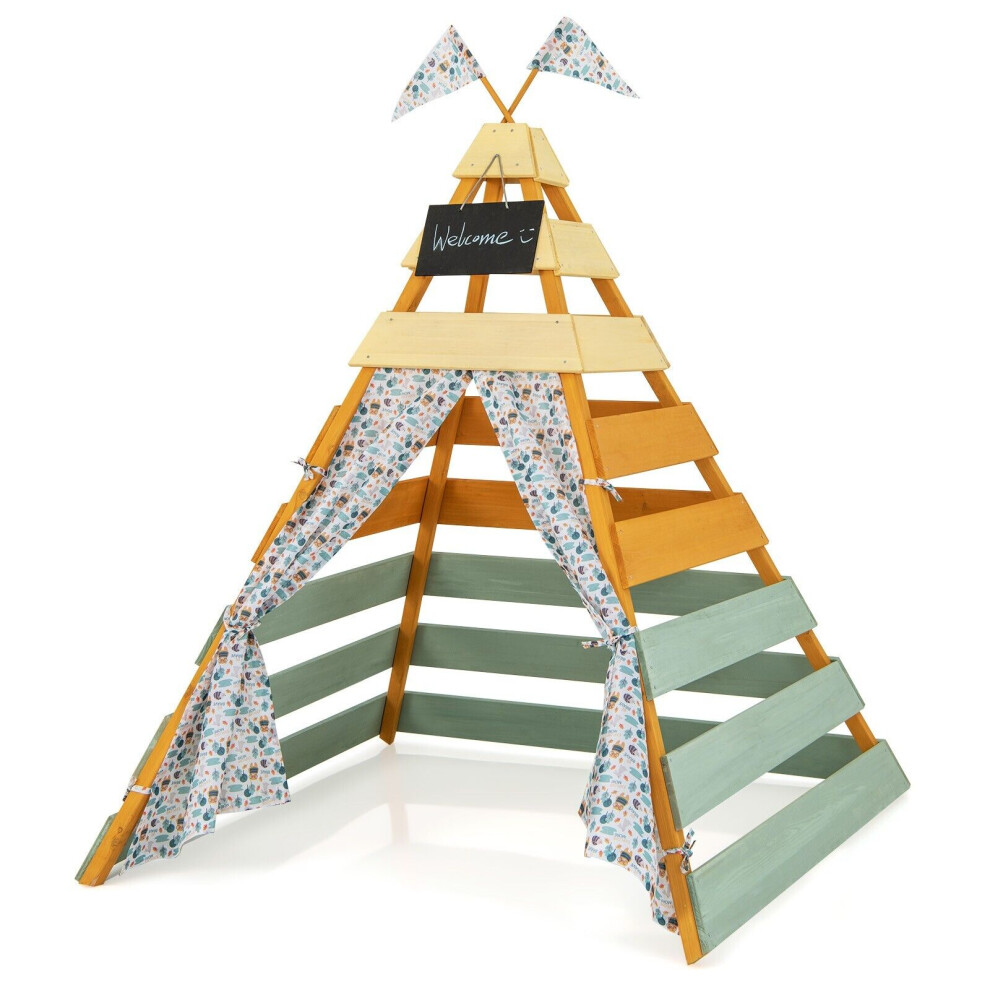 Costway Wooden Play Tent Indoor Kids Teepee Tent Triangle Hideaway Playhouse