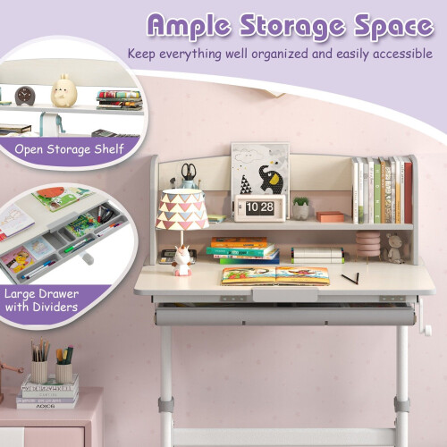 Costway Kids Study Desk Height Adjustable Children Writing Table-Grey 2