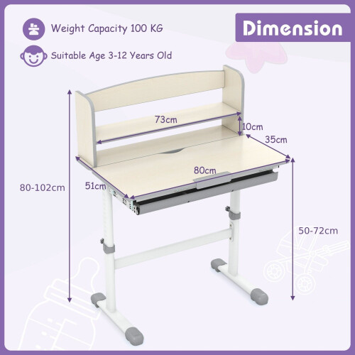 Costway Kids Study Desk Height Adjustable Children Writing Table-Grey 1
