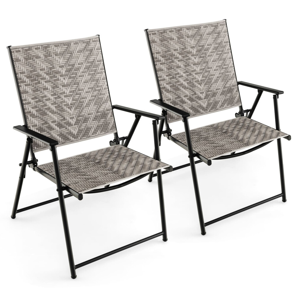 Set of 2 Patio Folding Chairs Outdoor Wicker Dining Chairs with Armrests