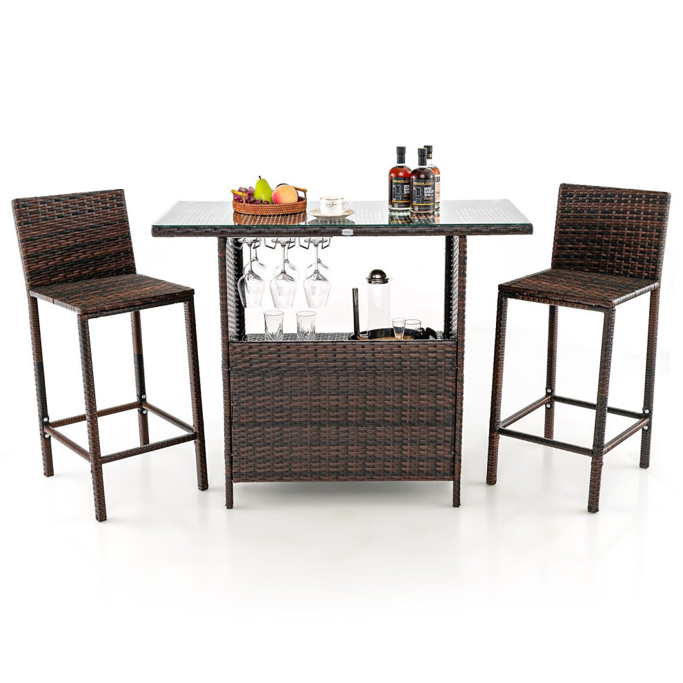 3 Piece Patio Wicker Garden Bar Set Rattan Bar Height Table Hidden Storage Shelf