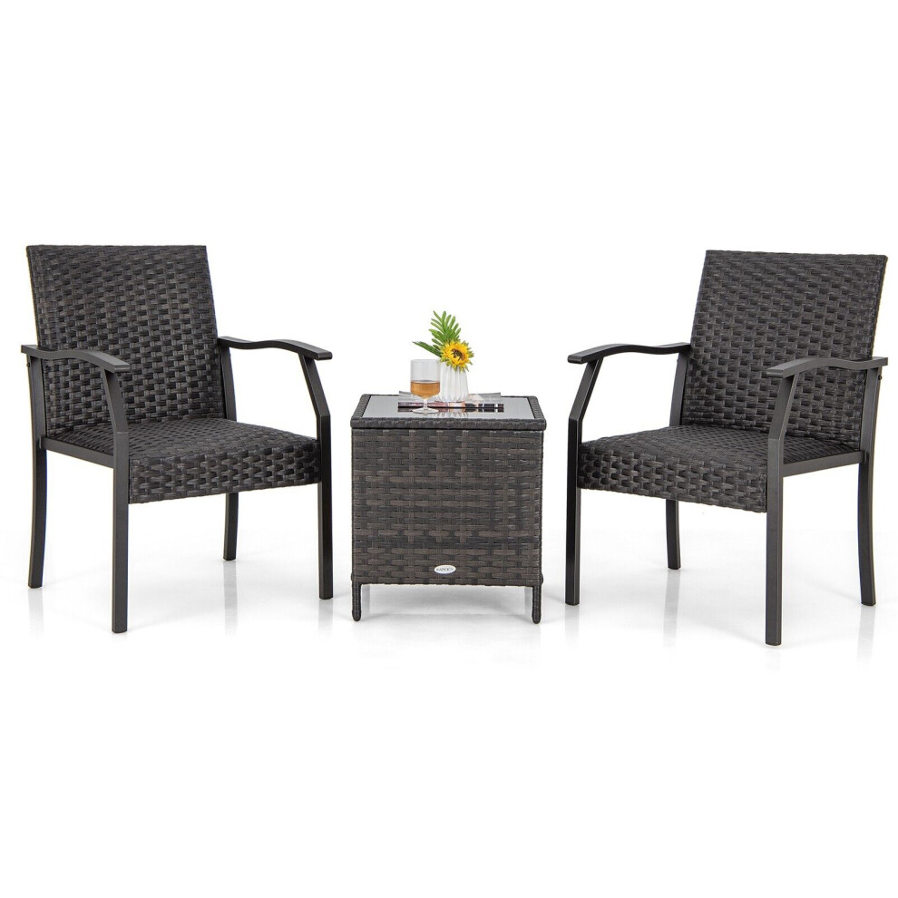 3 Piece Patio Wicker Chair Set Outdoor Rattan Conversation Set w/ Padded Seat