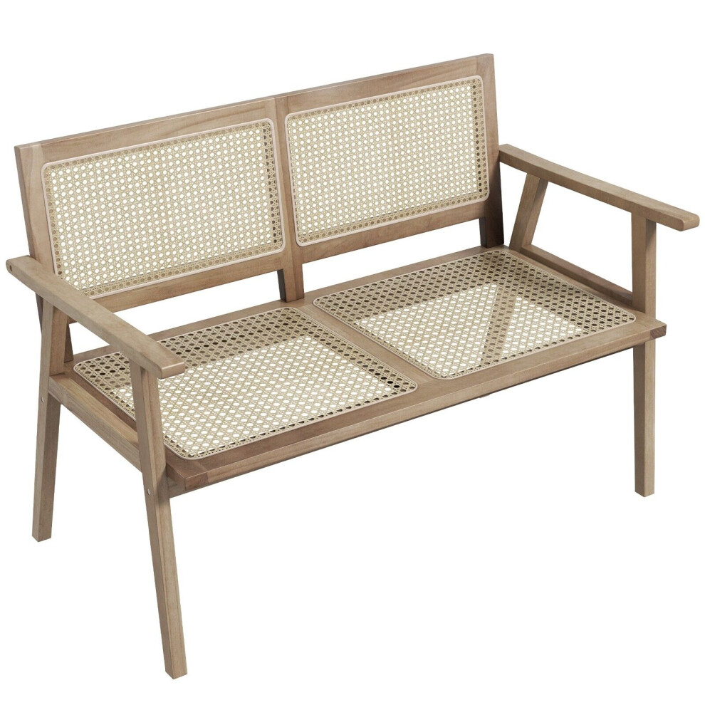 Wood Garden Bench 2-Person Patio Lounger Loveseat With Rattan Backrest & Seat-image-OPC-PFWYNF2-NEW
