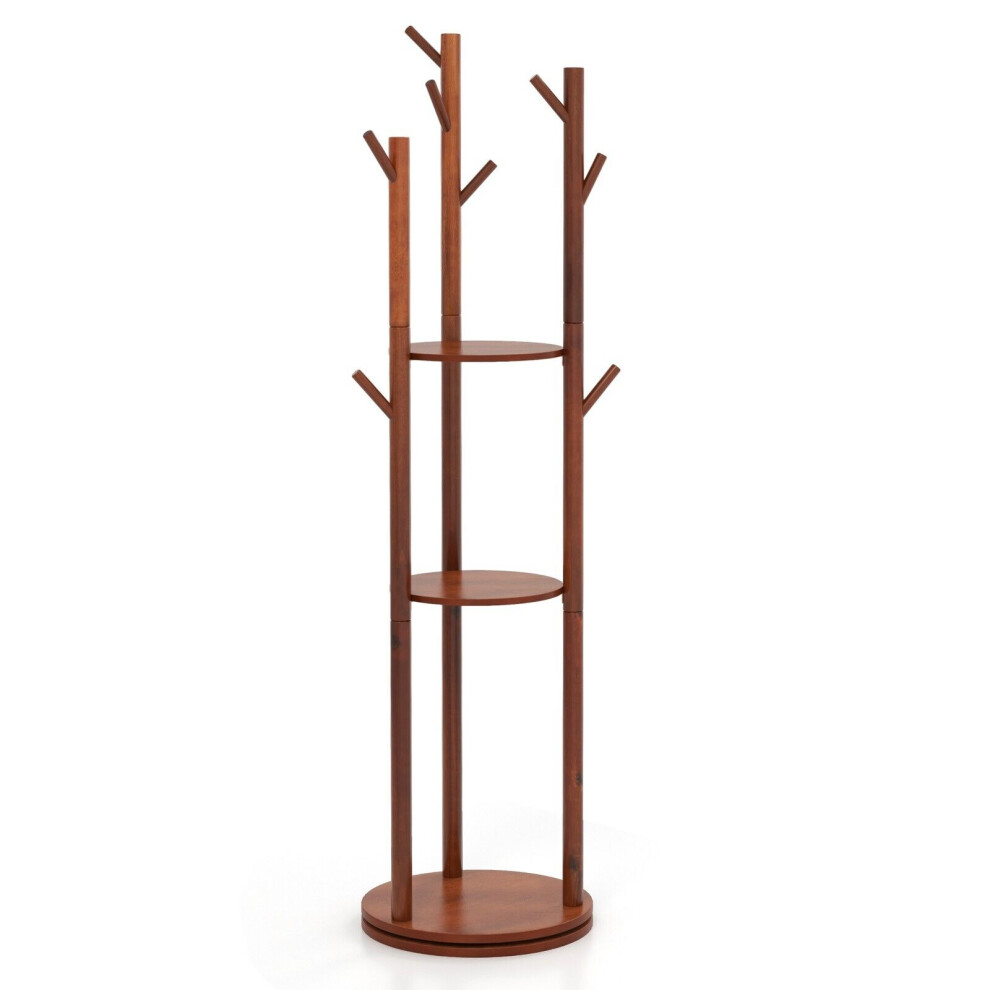 360 Rotating Rotary Coat Rack Standing Wooden Coat Tree with 3 Shelves