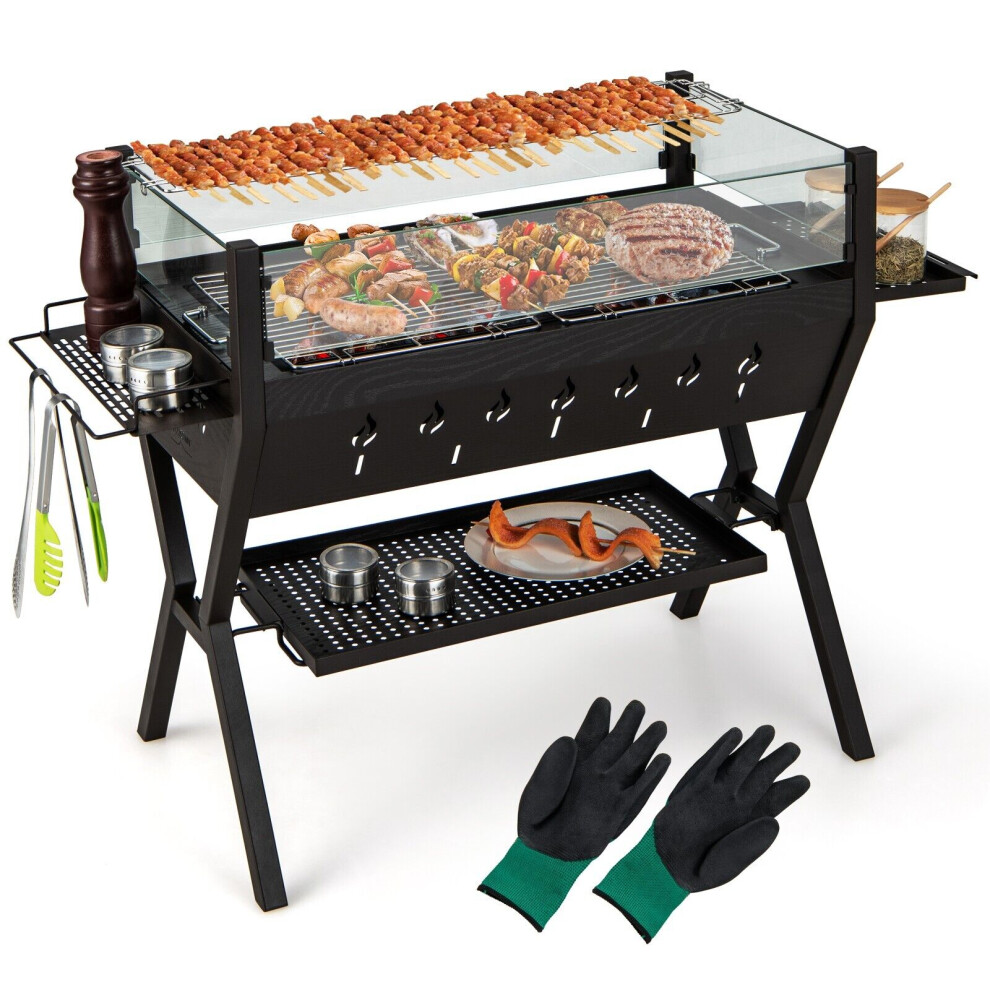Barbecue Charcoal Grills Stainless Steel Camping BBQ Grill w/ Wind Guard