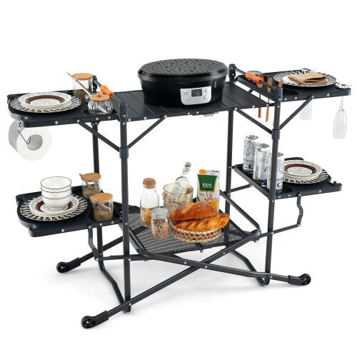 Costway Camping Kitchen Table Folding Outdoor Cooking Station w/ 4 Side Tables