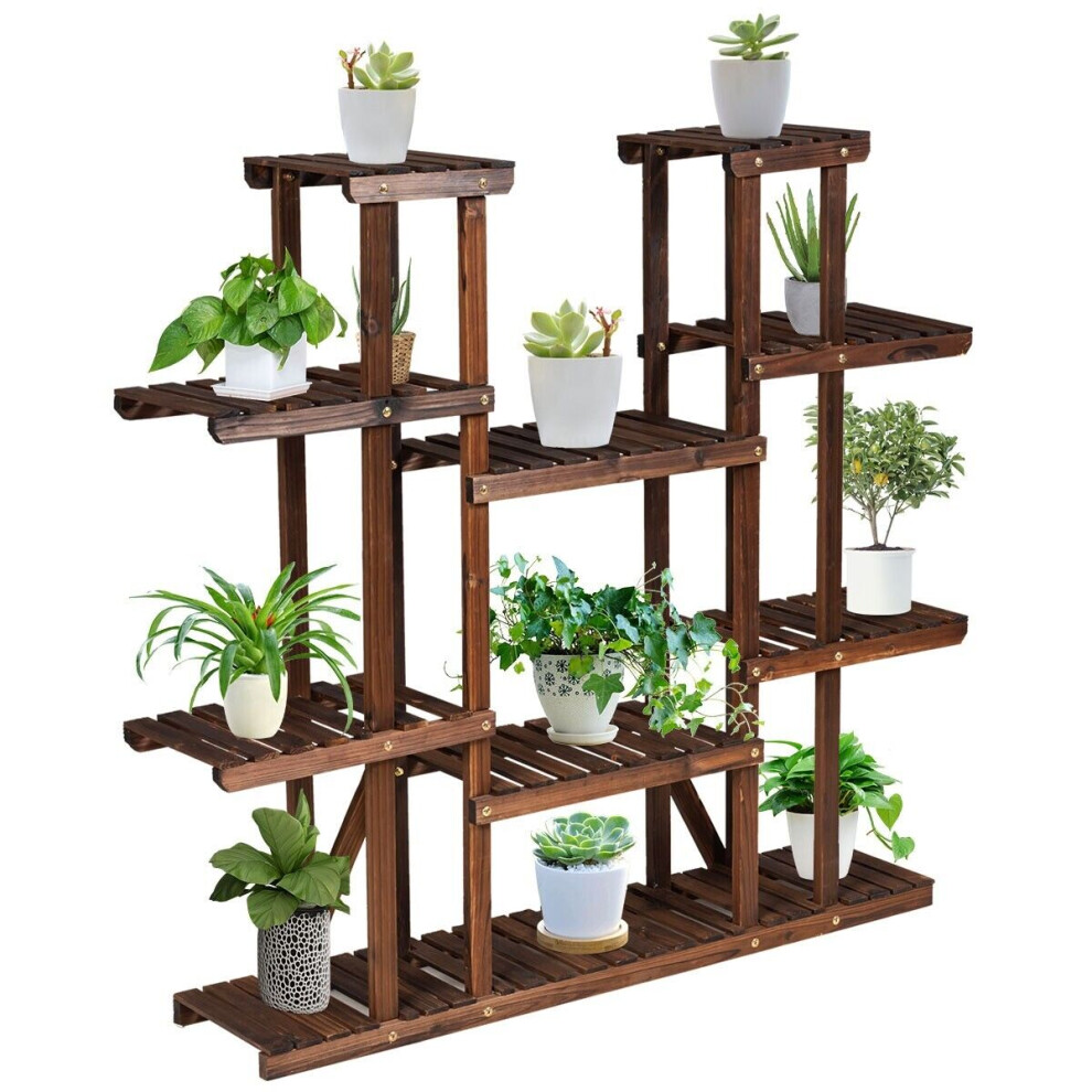 9 Tier Wood Plant Stand Carbonized Plants Display Rack Flower Shelf