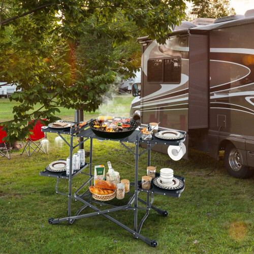 Costway Camping Kitchen Table Folding Outdoor Cooking Station w/ 4 Side Tables 2