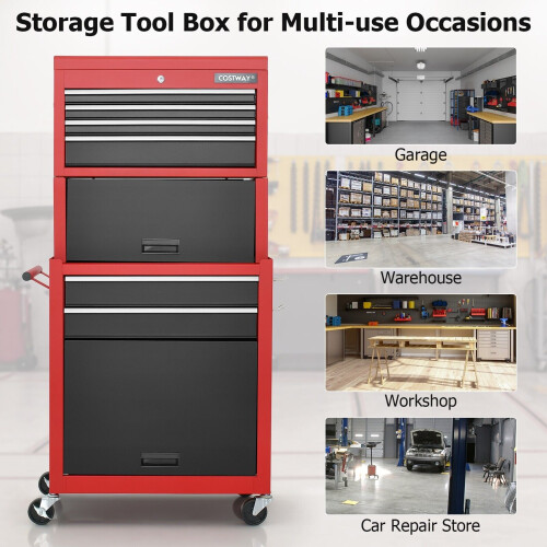Costway Rolling Tool Chest Combo Lockable Tool Cabinet Wheels Drawers-Red+White 2