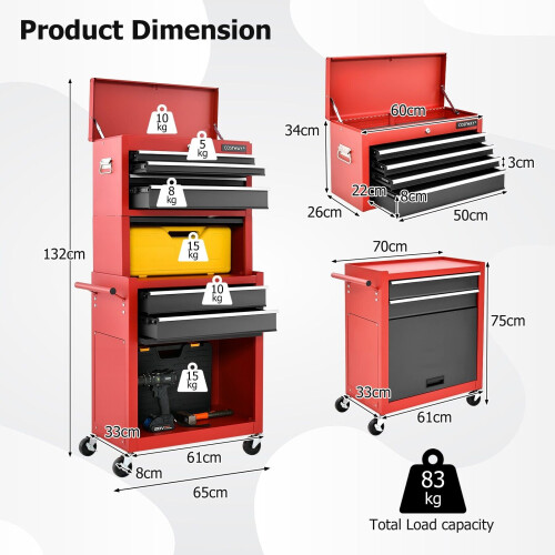 Costway Rolling Tool Chest Combo Lockable Tool Cabinet Wheels Drawers-Red+White 1